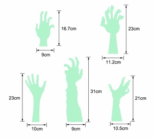 Detailed dimensions for 5 Halloween glow-in-the-dark zombie hand wall stickers