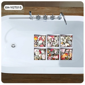 3D anti-slip bathtub stickers featuring colorful river pebbles and autumn maple leaves