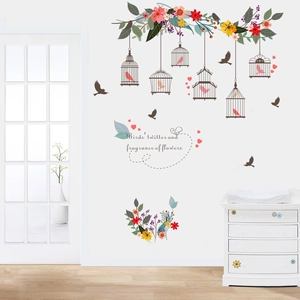 Floral birdcage wall decal featuring birds and flowers for living room decor
