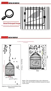 Detail view of birdcage wall sticker with layout dimensions and black PVC bird patterns