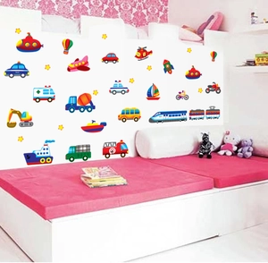 Adesivi murali trasporti colorati per bambini con macchinine e aerei decorativi