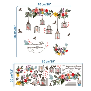 Detail of floral birdcage wall sticker set with dimensions for home wall decoration