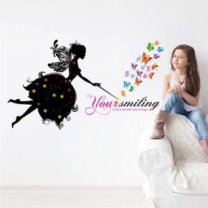 Black fairy silhouette wall sticker with colorful butterflies and magic quote for bedroom