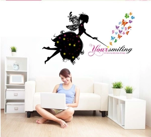 Cartoon fairy wall sticker with colorful butterflies and motivational quote for home decor