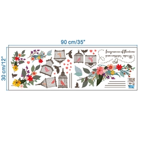 Detail view of birdcage and flower vine wall stickers with fragrance of flowers text