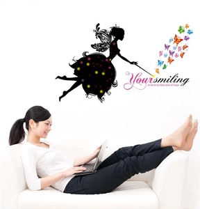 Fairy silhouette wall decal with colorful butterflies and inspirational quote for home decor