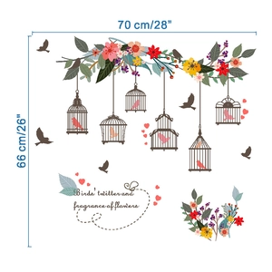 Detail of floral birdcage wall sticker with bird twitter text, measuring 70 cm by 66 cm