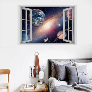 3D outer space galaxy wall sticker featuring Earth and Saturn in a faux window frame