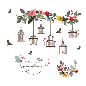 Floral wall sticker featuring vintage birdcages and birds with artistic quote layout