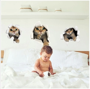 3D Realistic Cat Wall Stickers For Bedroom Living Room Decor Removable Waterproof PVC Broken Wall Animal Decal Decoration