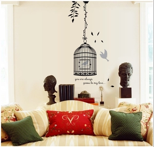 Decorative birdcage and vine wall sticker with romantic lettering for home wall decor