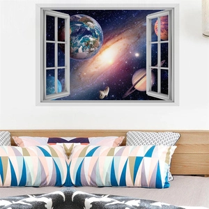 3D outer space galaxy window wall sticker with planets and stars for room decoration
