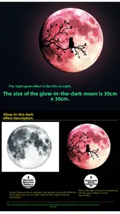 Luminous 30cm moon wall sticker with cat and branch silhouette for dark glow effect