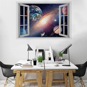 Detailed view of creative 3D fake window wall sticker with realistic Earth and space galaxy design