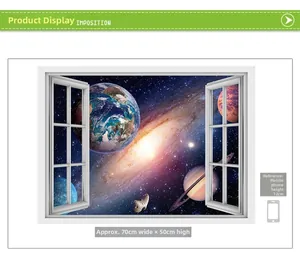 Detail of 3D galaxy wall sticker with Earth and Saturn motifs, size 70x50cm