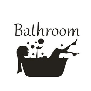 Black silhouette bathroom wall sticker featuring a woman in bathtub and bubble accents