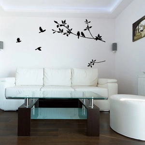 Minimalist black bird silhouettes on tree branches wall decal for living room wall decor