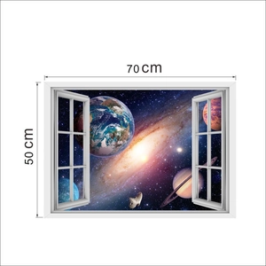 3D outer space window wall sticker showing Earth and Saturn, 70x50cm decor