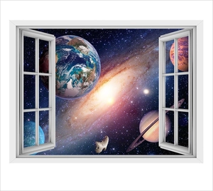 Detailed 3D cosmic wall sticker featuring Earth and Saturn through a faux window frame