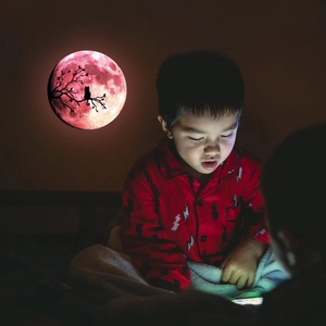 Glow In The Dark Moon Wall Sticker With Cat On Branch Silhouette Pink Luminous PVC Round Decal For Kids Room Home Decor
