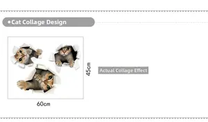 3D cat wall stickers decal layout with three cats breaking through walls, 60cm x 45cm size