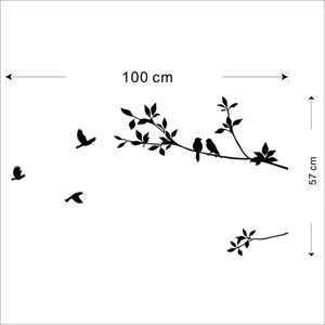 Black silhouette wall decal featuring birds on tree branches, 100 cm by 57 cm size