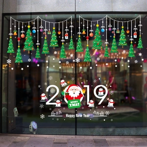Christmas tree and snowman window decals for festive glass door shop decoration