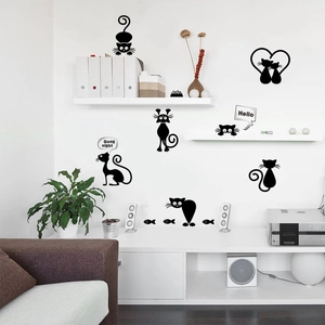 Black cartoon cat wall stickers featuring kitty patterns for nursery DIY decor