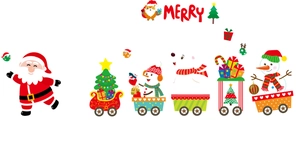 Detailed view of Merry Christmas window stickers featuring Santa, train and cute snowmen