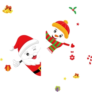 Detailed view of colorful Christmas stickers featuring Santa, snowman, and gold bells