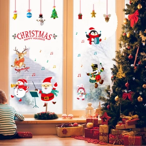 Christmas Music Theme PVC Wall Window Stickers Cartoon Santa Reindeer Snowman Penguin Decor For Shop Home Decoration