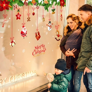 Christmas window decals with Santa Claus, snowmen and Merry Christmas greetings