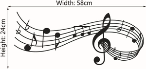 Dettaglio dell'adesivo murale con note musicali 58x24cm e pentagramma nero decorativo