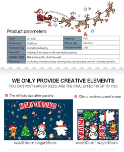 Vue détaillée des stickers de Noël en PVC avec Père Noël, renne et dimensions