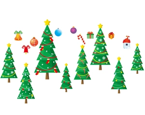 Flat vector Christmas wall stickers set featuring festive trees and gift boxes