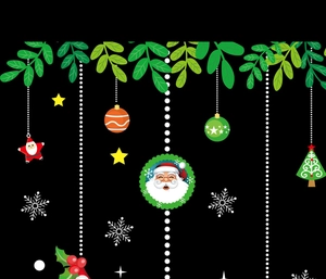 Détail de stickers muraux de Noël avec Père Noël cartoon et ornements suspendus