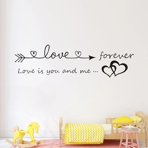 Love and Forever arrow quote wall decal for bedroom with hearts and lettering stickers
