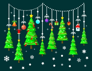 Flat vector Christmas stickers featuring trees, bells and gift boxes on green background