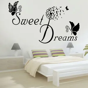 Sweet Dreams Artistic Lettering Wall Sticker With Butterflies Dandelion Waterproof PVC Removable Home Decor For Bedroom