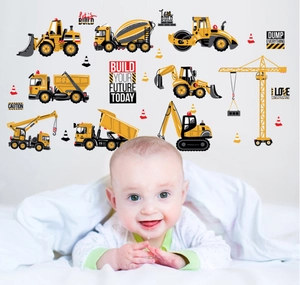 Cartoon construction vehicle wall decals for kids room with yellow crane and excavator
