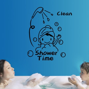 Waterproof Shower Time wall decal with cartoon figures for bathroom wall decoration