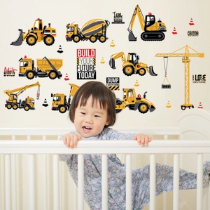 Construction vehicle wall decals with excavator and crane patterns for kids' room