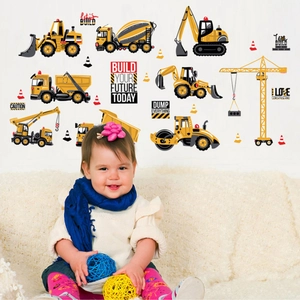 Construction vehicle wall stickers for nursery featuring yellow excavator and crane