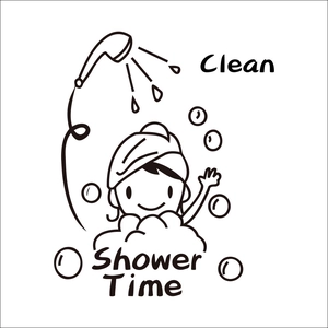 Minimalist 'Shower Time' wall sticker with cartoon figure and bubbles for bathroom decor
