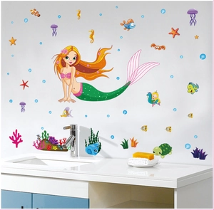 Cartoon mermaid wall sticker set with sea life decals for kids bathroom decor