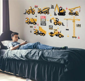 Construction site wall decals for boys bedroom featuring yellow excavators and cranes