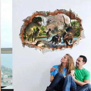 Sticker Mural 3D Monde Des Dinosaures À Travers Le Mur Autocollant Amovible en PVC pour Chambre d'Enfant Décoration Animale Réaliste