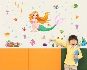 Cartoon mermaid wall decal set with sea life stickers for kids' bedroom decoration