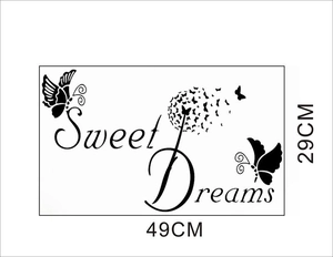Sweet Dreams wall decal with butterflies and dandelion, 29x49cm waterproof black PVC sticker