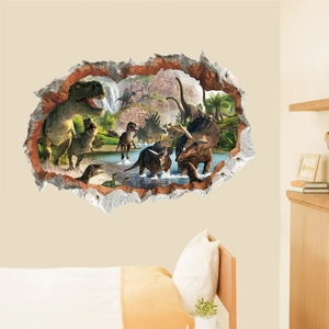 Sticker mural 3D dinosaure avec T-Rex et paysage de forêt à travers un mur brisé
